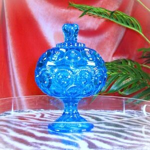 LE Smith Moon & Stars Blue Glass Covered Compote